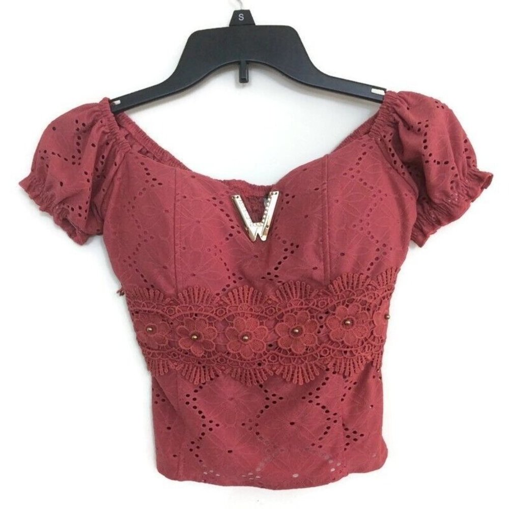 Kari Dash Renaissance Blouse Crop Floral Top Eyelet Peasant Cottagecore Festival